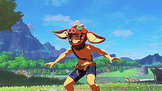 Link wearing a Bokoblin mask in a Hyrule field
