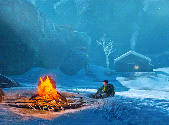 Snowy mountains and firelit scenery on an expedition
