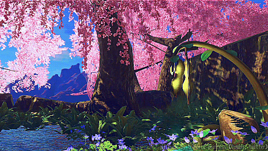 Pink blossom trees and a pond in a lush Hyrule landscape