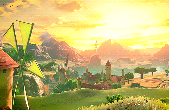 Windmill overlooking Hateno Village at sunset