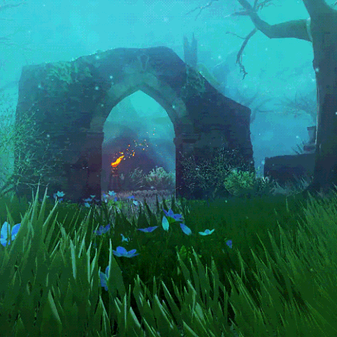 Lost Woods at night with a torch-lit stone arch