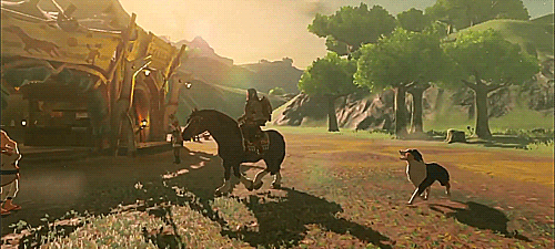 Link riding past a stable with a dog companion