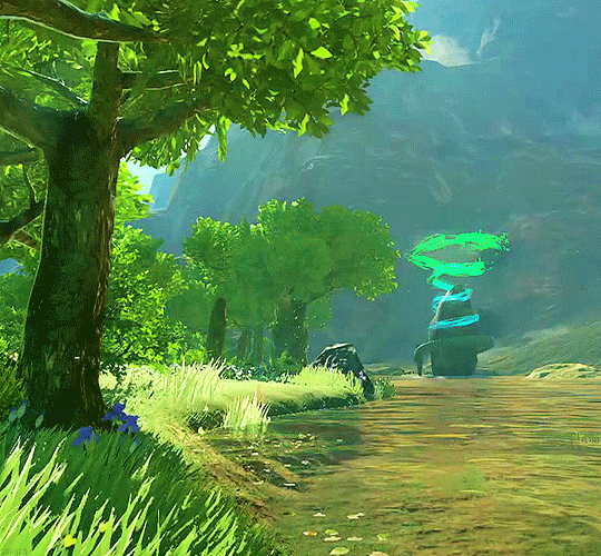 River, forest, and a shrine with swirling teal energy